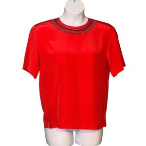 Vintage 90s I.B. Diffusion Red Silk Blouse Size 10 Beaded Neckline Short Sleeve